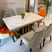 Ensemble Table à Manger de Luxe, Plateau en Marbre, Piètement en Acier Inoxydable Doré, Table à Manger Rectangulaire et Chaises