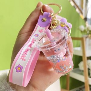 New Cute Acrylic Keyring <b>Key</b> Chain <b>Ring</b> Oil Floating Pink Bubble Quicksand Cup Liquid Keychain - Product Image 6