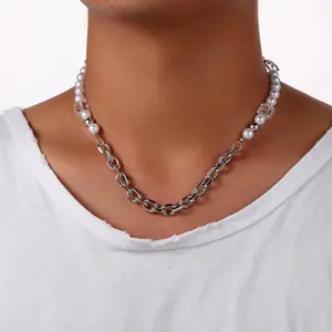 Fashionable and personalized men's stainless steel chain square crystal pearl necklace