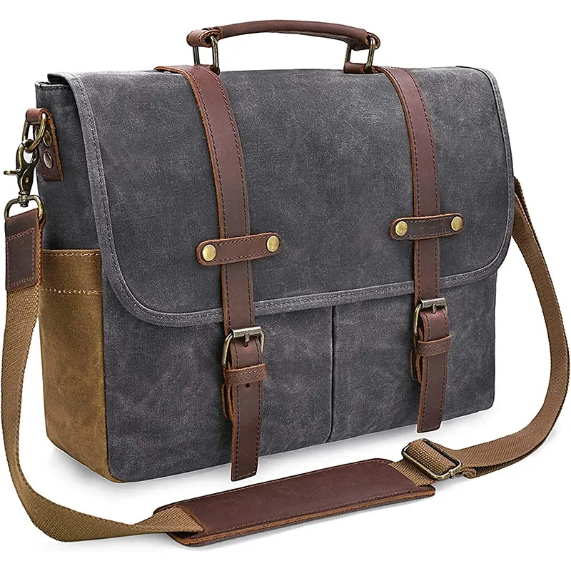Custom Crossbody Briefcase Office Satchel Laptop Bag Luxury Vintage Leather Shoulder Waxed Canvas Laptop Messenger Bag for Men