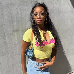 Fashion Short Sleeve Streetwear Sexy Hot Girls Crop <strong>Tops</strong> T Shirts Tees <strong>Women</strong> Summer Letter Printed <strong>Yellow</strong> Casual <strong>Tops</strong> - Product Image 3