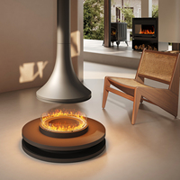 Cheminée suspendue au design moderne et séparé, avec base circulaire au sol et flamme annulaire à 360°, foyer bioéthanol futuriste suspendu
