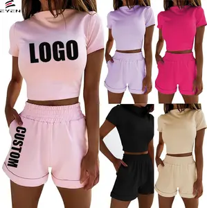 Factory price rts fashion summer Custom logo women designer suit clothes 2 pieces adult high-waisted t-shirt shorts clothing Set