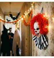 Masque de Clown Effrayant à Suspendre au Mur avec Col en Tulle Rouge, Volants Noirs et Blancs, Accessoire d'Horreur pour Halloween, Décoration de Maison Hantée