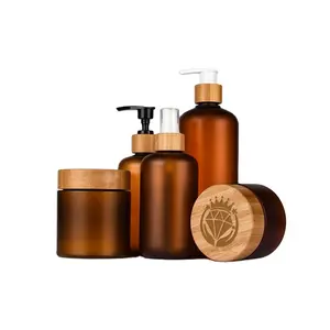 Bamboo cosmetic packaging container 150ml 250ml 500ml cream jar 60ml 120ml 250ml 500ml amber PET plastic bottle with bamboo pump