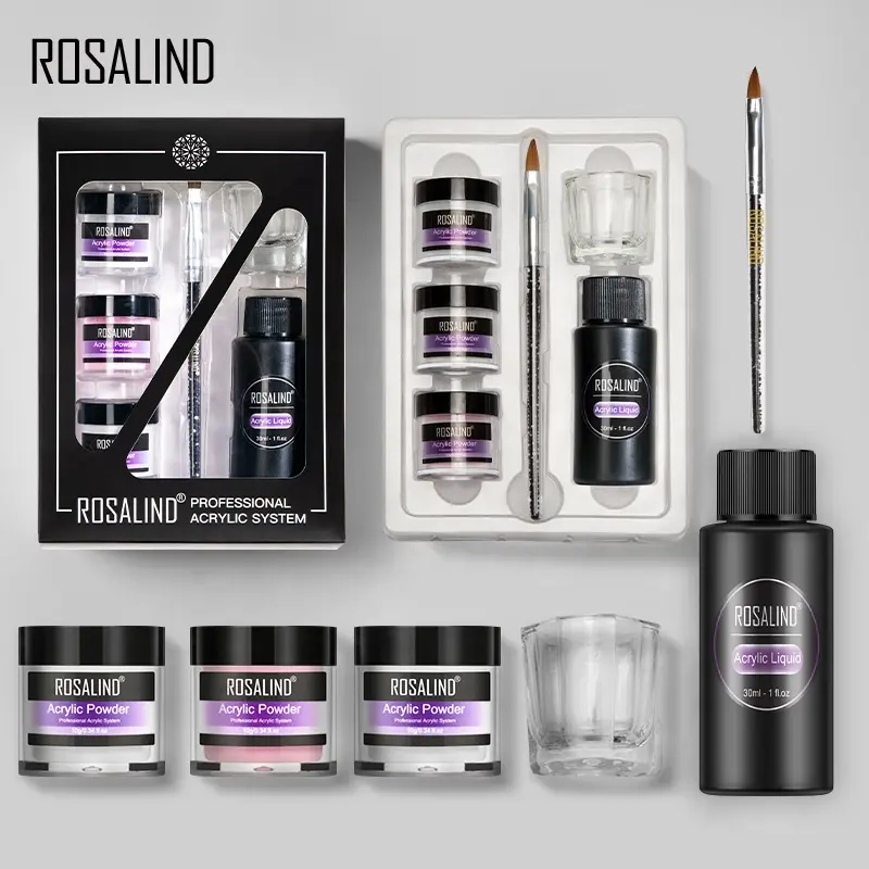 ROSALIND set profesional, set bubuk akrilik label pribadi dan cair dengan kit alat kuku ekstensi seni kuku pemula