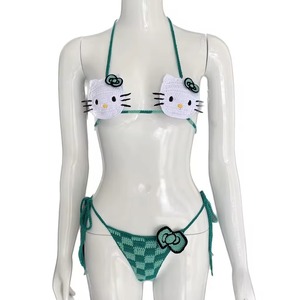 Handmade Breathable <strong>Beachwear</strong> Fashion Cute Checkered Multi Green Color <strong>String</strong> Crochet Tiny Thong 2-Piece Bikini Set - Product Image 2