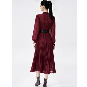 Nuovo Abito Primaverile da <span class=keywords><strong>Donna</strong></span> alla Moda, Casual ed <span class=keywords><strong>Elegante</strong></span>, a Collo Alto, <span class=keywords><strong>Maniche</strong></span> <span class=keywords><strong>Lunghe</strong></span>, in Chiffon Tinta Unita con Pieghe - Product Image 4