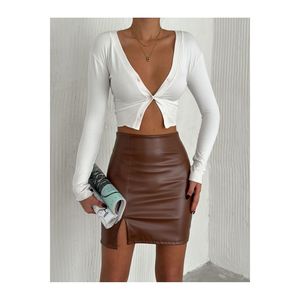 Jupe longue en similicuir pour femme, taille élastique, fente latérale, coupe droite - Product Image 2