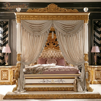 Lit capitonné en bois d'ivoire sculpté à la main, style classique de luxe, avec baldaquin doré turc, ensemble de meubles de chambre à coucher, tailles et couleurs personnalisables