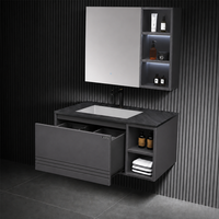 Meuble-lavabo de salle de bain modulaire minimaliste gris foncé de style européen avec rangement, miroir et vasque en céramique