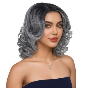 Peluca de cosplay corta rizada negra y gris teñida, estilo abuela, <span class=keywords><strong>para</strong></span> juegos de rol, a la moda, europea, americana, de comercio exterior, con <span class=keywords><strong>redecilla</strong></span>. - Product Image 5