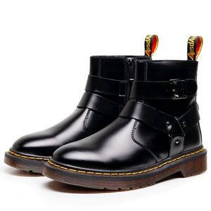 Black Ankle <b>Boots</b> Genuine Leather Round Toe Buckle Closure Flat Heel Anti-Slippery Rubber Outsole All Seasons Solid Color - Product Image 2