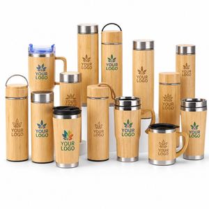 Bouteille d'eau isotherme en acier inoxydable avec logo gravé au laser personnalisé, en bambou naturel, pour cadeaux promotionnels en gros - Product Image 1