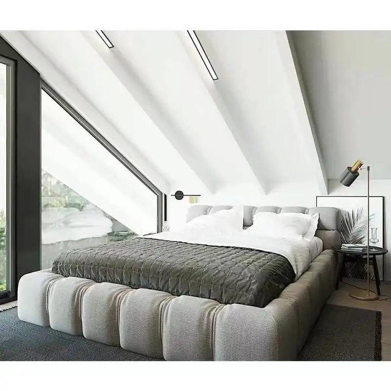 Italiaanse Minimalistische Comfort Stof Wolk Wit Bed Frame Queen Size Modern Gestoffeerd Bed