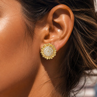 Anting Tusuk Bunga Matahari Lapis Emas 18K dari Kuningan, Bertabur CZ Penuh, Perhiasan Wanita OEM ODM