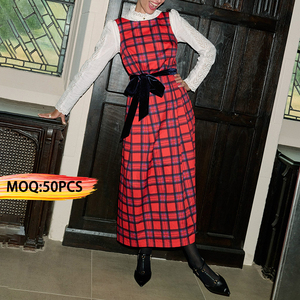 Clothing Manufacturer Low Moq High Quality O Neck Sleeveless <strong>Red</strong> Plaid <strong>Tartan</strong> Maxi Long <strong>Dress</strong> with Belt Oem Custom for <strong>Women</strong> - Product Image 1