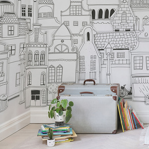 Papier peint mural personnalisé style Art déco noir et blanc, motif ville européenne, <span class=keywords><strong>maison</strong></span> de rue - Product Image 2