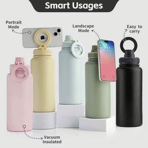 Bouteille d'eau isotherme en acier inoxydable 1000 ml avec couvercle magnétique, support de téléphone, rétention de froid et de chaleur, grande capacité, pour la gym/les activités de plein air, avec paille - Product Image 1