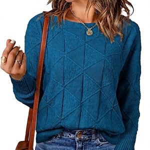 Pull en tricot géométrique bleu pour femme, col rond, manches longues, décontracté, pour l'automne, 100% acrylique, épaisseur standard - Product Image 3