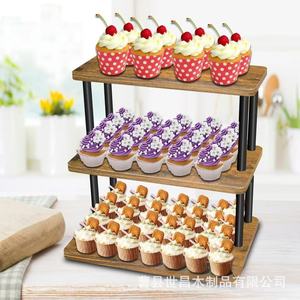 Wooden Cupcake <b>Stand</b> <b>3</b> <b>Tier</b> Wrought Iron <b>Cake</b> Tower Dessert Display For Party Birthday Snack Organizer - Product Image 2