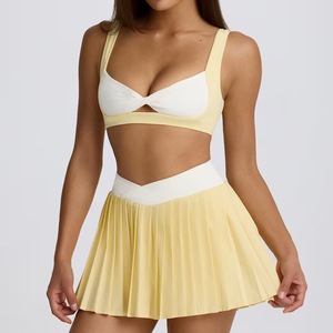 Conjunto de Falda de Tenis a Contraste para Mujer con Sujetador Deportivo Retorcido y Falda Plisada con Cintura en V, Traje para Bádminton, Deportes, Golf y Tenis - Product Image 4