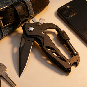 Mousqueton d'escalade extérieur 6-en-1 en acier, outil de survie multifonction, <span class=keywords><strong>couteau</strong></span> pliant, porte-clés en D, couteaux de poche EDC pour le camping - Product Image 1