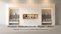 Vitrine à bijoux tendance en laque beige écologique, mobilier moderne pour bijouterie avec éclairage LED chaleureux pour utilisation en showroom
