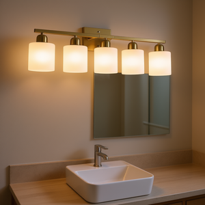 Applique murale moderne 5 lumières dorée pour salle de bain, verre dépoli, E26, intensité variable, blanc chaud 2700K, pour miroir - Product Image 2