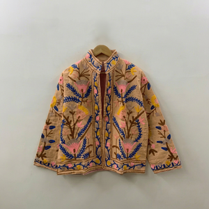 Chaqueta Bordada Suzani de Algodón Color Durazno para Mujer, Hecha a Mano, con Diseño Floral Tradicional Aari, Estilo Bohemio, para Invierno - Product Image 1