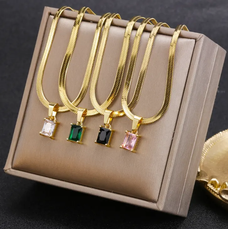 New Stainless Steel 18K Gold Plated Flat Snake Bone Chain Square Zircon Pendant Necklace For women Fashion Jewelry Necklaces