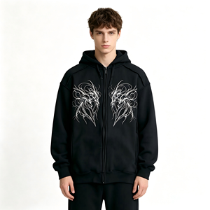 Sudadera con capucha negra con cremallera y estampado tribal abstracto Kornit DTG, sudadera extragrande de estilo grunge urbano para looks modernos - Product Image 1
