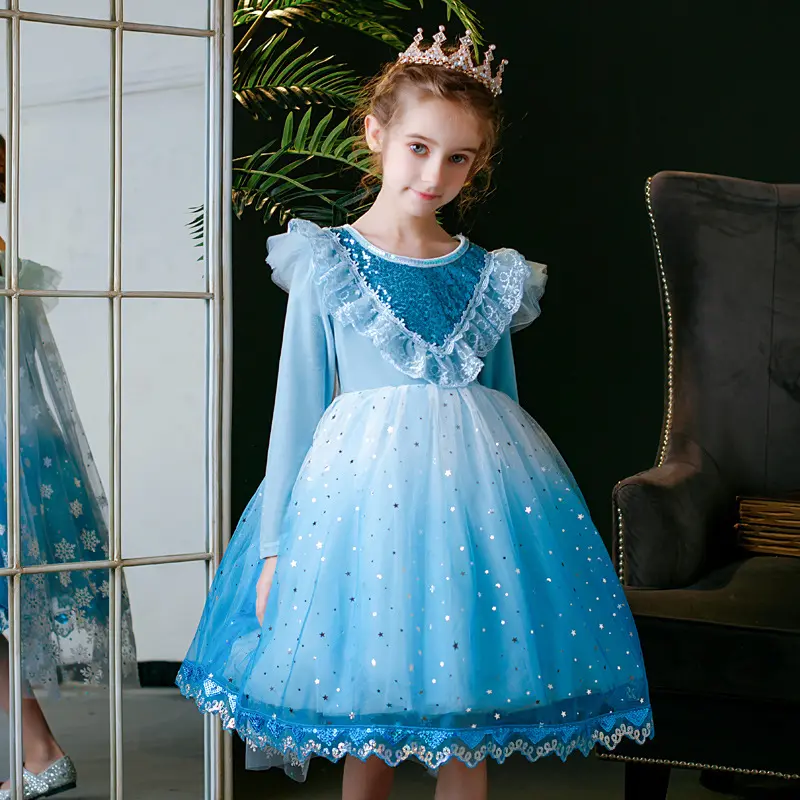 Mới băng và tuyết cô gái aisha công chúa ăn mặc nhỏ màu xanh sequined cô gái hiệu suất ăn mặc hoa cô gái váy