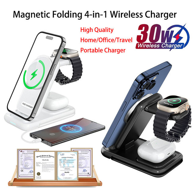 4-in-1 25W Fast Wireless Charger with Magnetic PC Material for S24/S23/S22 Ultra iPhone 16/15/14/13/-Desktop Stand