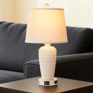 Farmhouse Ceramic Table Lamp Touch Control E26 LED White Shade With Us Port Bedroom Living Room Desk <b>Light</b> - Product Image 4