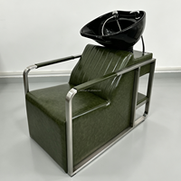 Fauteuil de lavage de cheveux de salon pivotant avec cadre en acier inoxydable, cuir huilé vert, bac en céramique noir