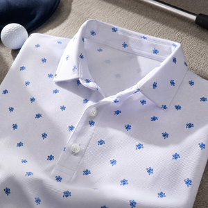 Polos de golf pour homme personnalisés de luxe, imprimé floral blanc et bleu, fabricant OEM ODM de marque privée haut de gamme - Product Image 1