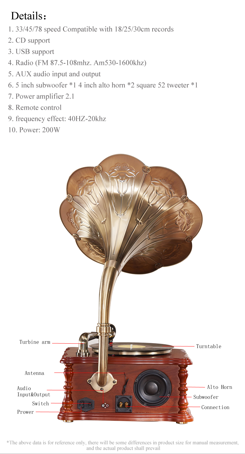 Best Quality wooden Retro Gramophone Multifunctional player phonograph for home audio