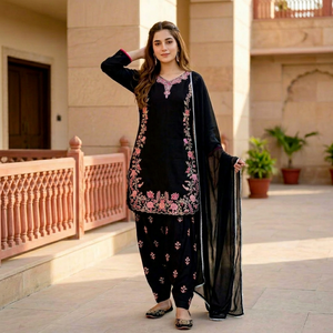 Black Embroidered Traditional Salwar Kameez Set Long Sleeve Top Palazzo Pants <b>Shawl</b> for <b>Wedding</b> Diwali Pakistani Indian Outfit - Product Image 1