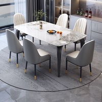 Table à manger rectangulaire moderne de luxe en marbre avec chaises, ensemble de 4, 6 ou 8 places, design de mobilier de restaurant complet en pierre frittée et métal