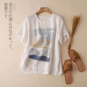 Women Cotton <b>Linen</b> Printed Short Sleeve T-Shirt White Breathable Summer <b>Top</b> Retro Chinese Style Ethnic Design - Product Image 2