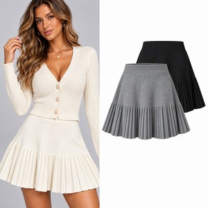 Women's Knitted <b>Pleated</b> <b>Mini</b> <b>Skirt</b> Elastic Waist A-Line Casual Solid Color Autumn Fashion Gray Black White 100% Cotton - Product Image 1