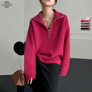 Pull tricoté ample et épais à col mi-zippé pour <span class=keywords><strong>femme</strong></span>, couleur unie, automne et <span class=keywords><strong>hiver</strong></span>, personnalisable avec logo – Vente en gros - Product Image 1
