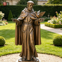 Statue de Saint François en bronze grandeur nature assis avec un loup, sculpture religieuse en métal pour la décoration de l'église, du jardin et du paysage