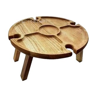 Wooden Snack Tray Round Desktop <b>Portable</b> Wine <b>Table</b> For Outdoor <b>Picnic</b> And Barbecue - Product Image 5