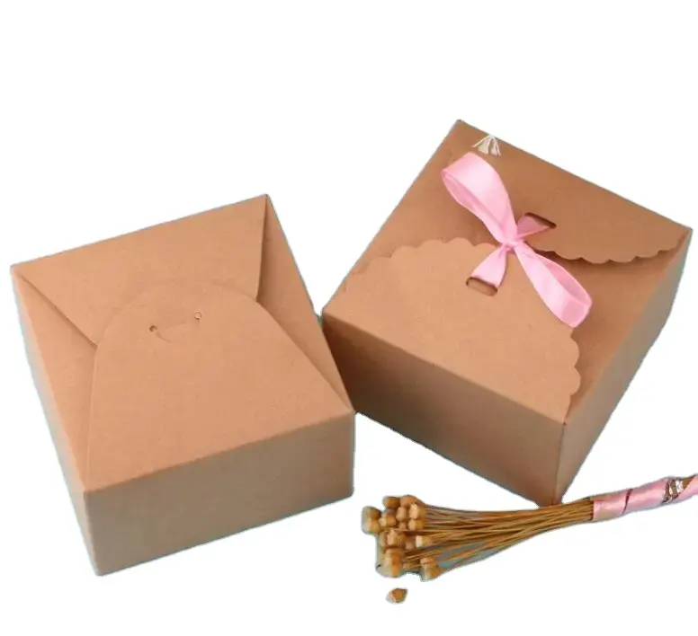 저렴한 가격 도매 사용자 정의 광장 미니 크래프트 종이 접는 상자 리본 식품 케이크 사탕 선물 비스킷 차 공예 팩 상자