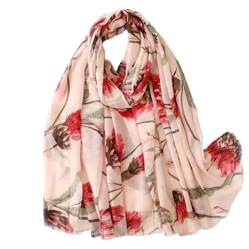 Latest design light weight red big flower printed scarf with rough edge