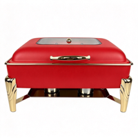 Plat de service de luxe 9L en acier inoxydable, chauffe-plat de buffet rouge et or avec couvercle en verre visible pour banquets d'hôtel