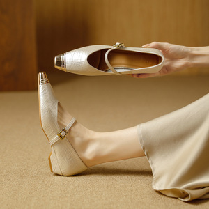 Mary Jane Shoes Square Toe <b>Block</b> Heel Genuine Leather Buckle Strap Women's Pumps Comfortable All Seasons - Product Image 3