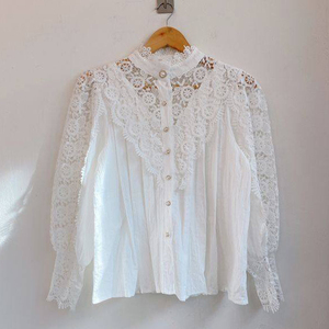 Women Lace <strong>Shirts</strong> Solid Color Long Sleeve French Stand Collar Button Hollow Out Flowers <strong>Patchwork</strong> Lady Tops Casual <strong>Shirt</strong> - Product Image 6